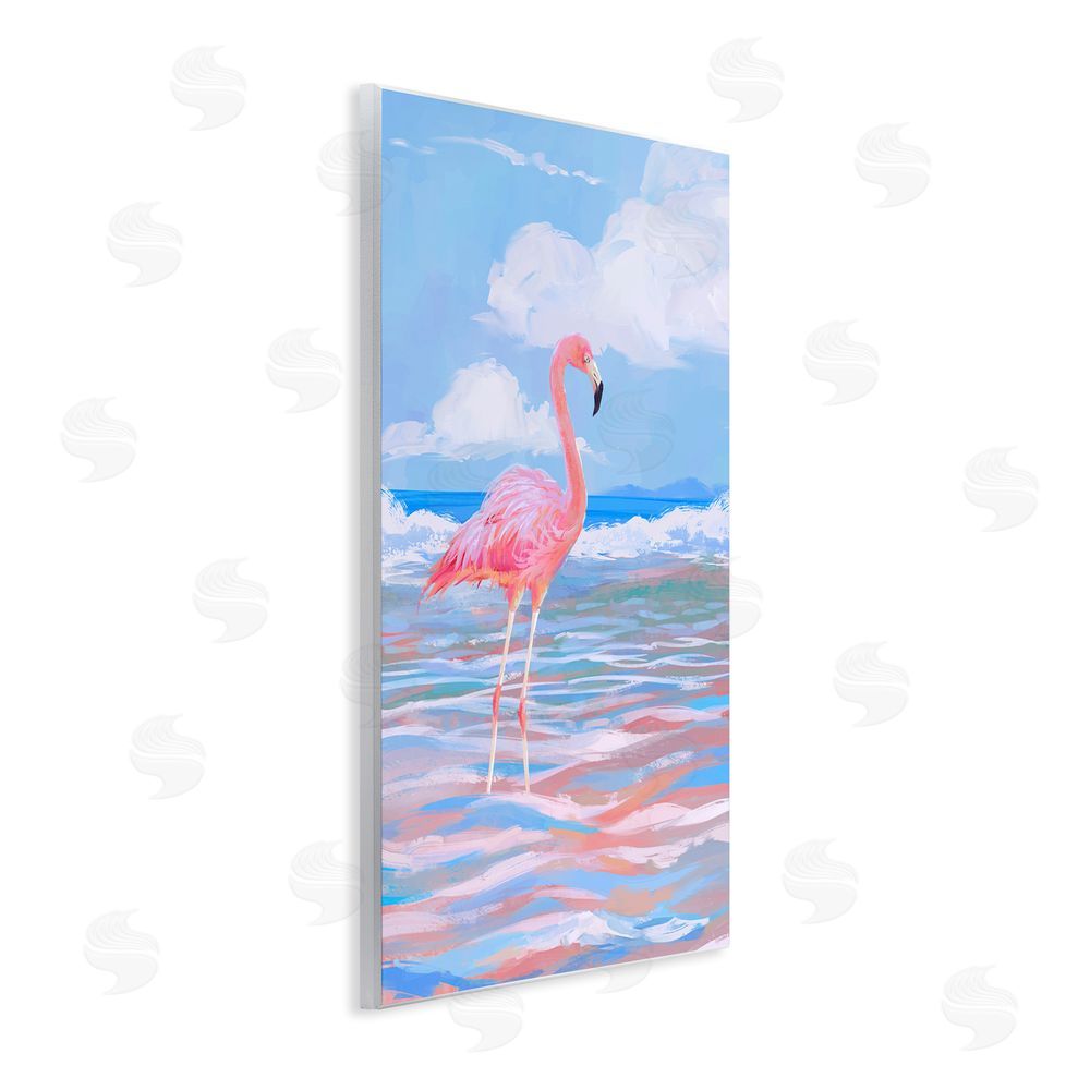 Ziwei Li Reflective Shore Flamingo Stance Wooden Wall Plaque Art Print