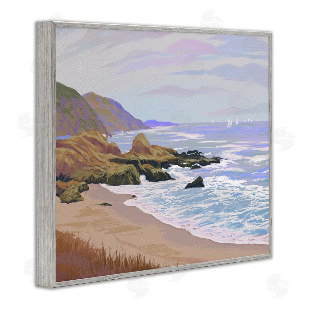 Ziwei Li Tranquil Cliffs & Distant Boats Gray Framed Giclee Wall Art Print
