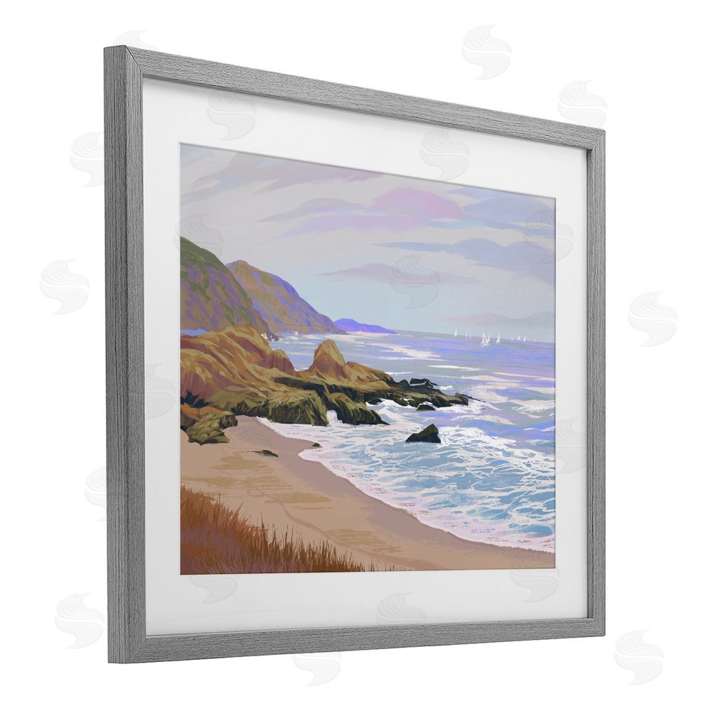Ziwei Li Tranquil Cliffs & Distant Boats Gray Framed Print Under Glass Wall Art