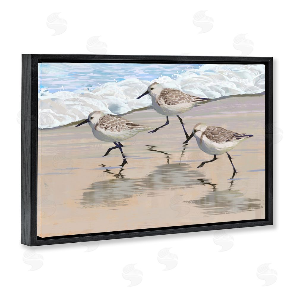 Ziwei Li Scurrying Sandpipers on Wet Sand Black Floating Frame Canvas Wall Art Print