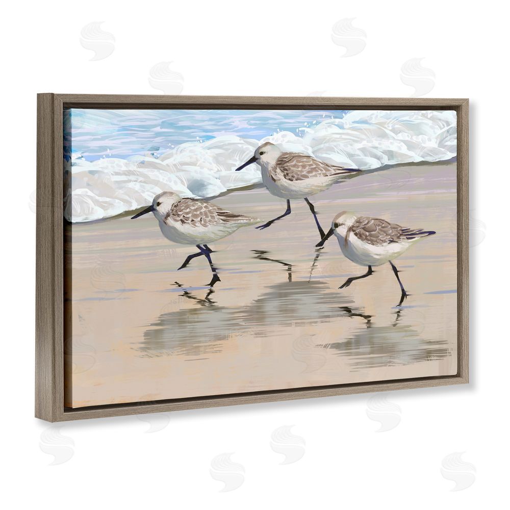 Ziwei Li Scurrying Sandpipers on Wet Sand Brown Floating Frame Canvas Wall Art Print