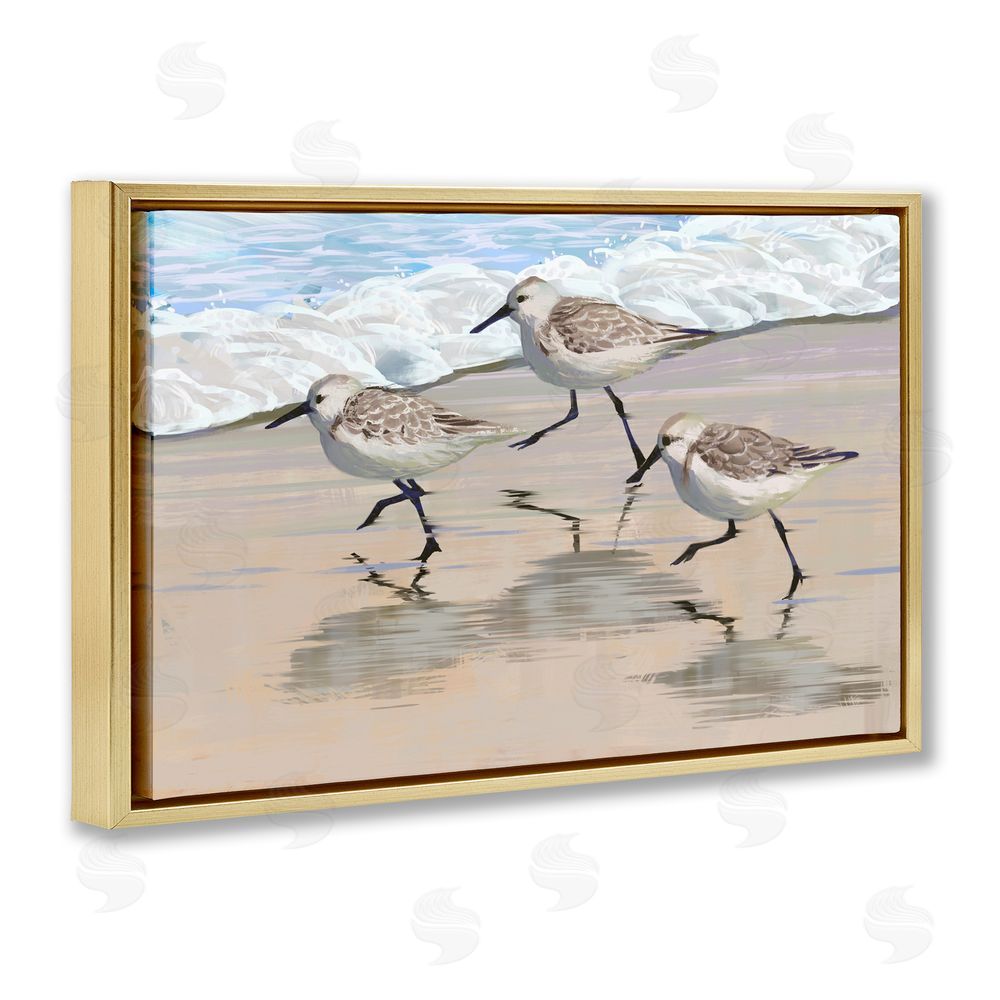 Ziwei Li Scurrying Sandpipers on Wet Sand Gold Floating Frame Canvas Wall Art Print