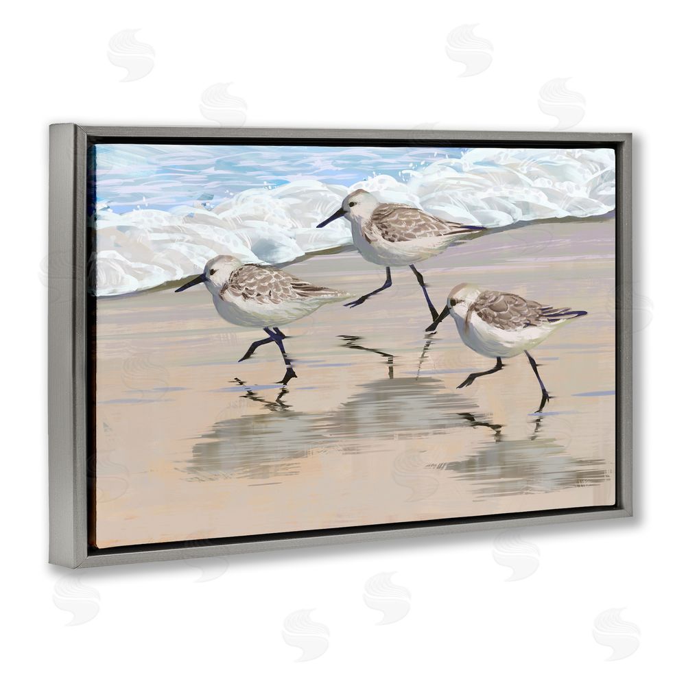 Ziwei Li Scurrying Sandpipers on Wet Sand Gray Floating Frame Canvas Wall Art Print