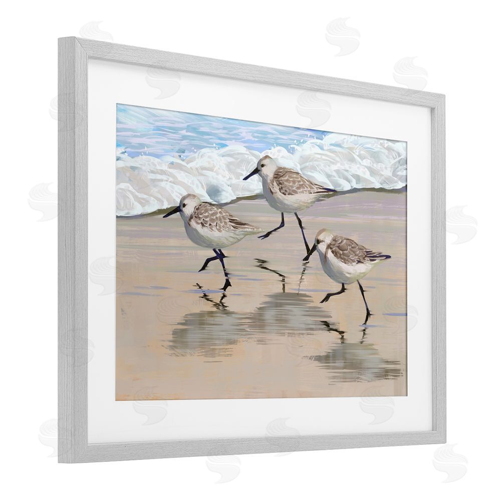 Ziwei Li Scurrying Sandpipers on Wet Sand Gray Framed Print Under Glass Wall Art