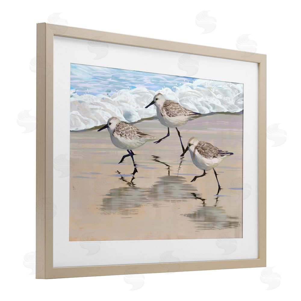 Ziwei Li Scurrying Sandpipers on Wet Sand Brown Framed Print Under Glass Wall Art