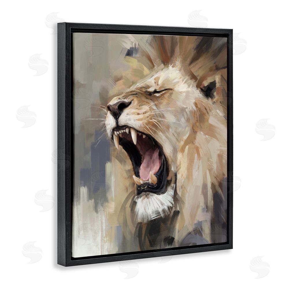 Ziwei Li Intense Roaring Lion Black Floating Frame Canvas Wall Art Print