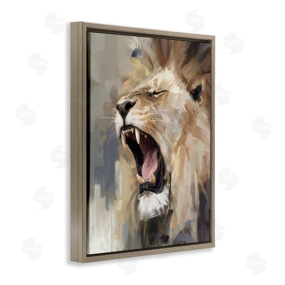 Ziwei Li Intense Roaring Lion Brown Floating Frame Canvas Wall Art Print
