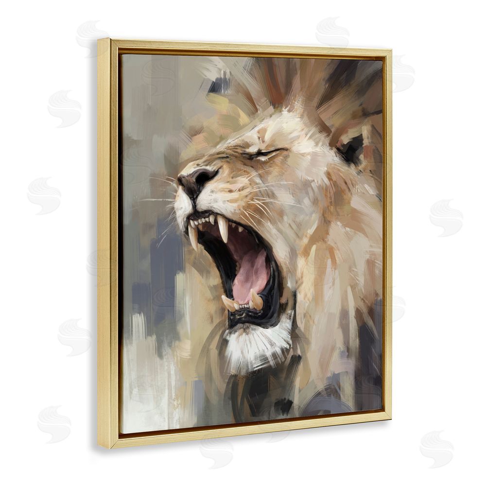 Ziwei Li Intense Roaring Lion Gold Floating Frame Canvas Wall Art Print