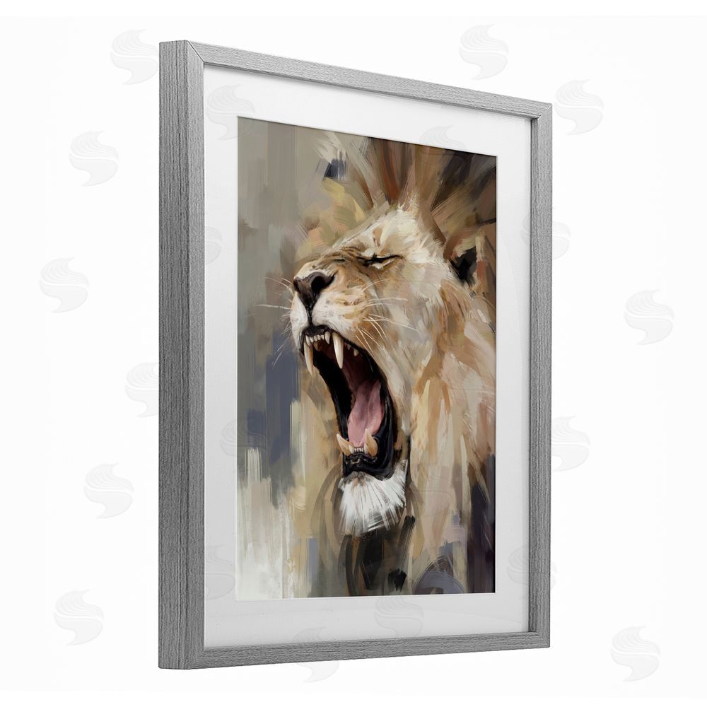 Ziwei Li Intense Roaring Lion Gray Framed Print Under Glass Wall Art