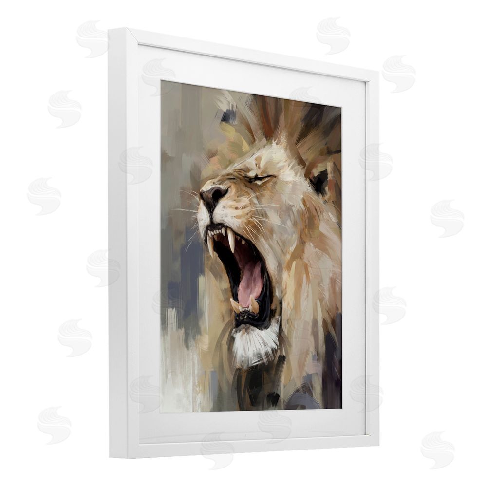 Ziwei Li Intense Roaring Lion White Framed Print Under Glass Wall Art