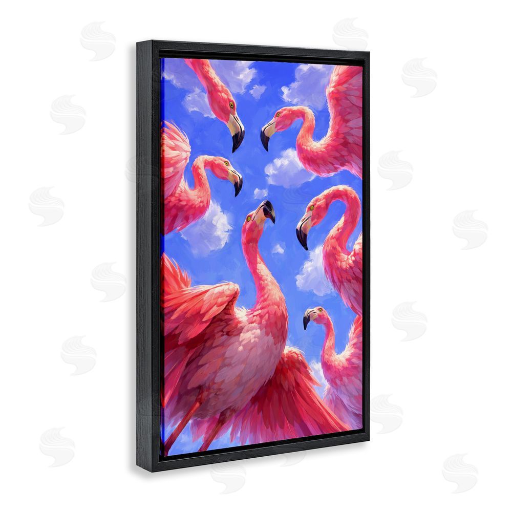 Ziwei Li Tropical Flamingos View From Below Black Floating Frame Canvas Wall Art Print