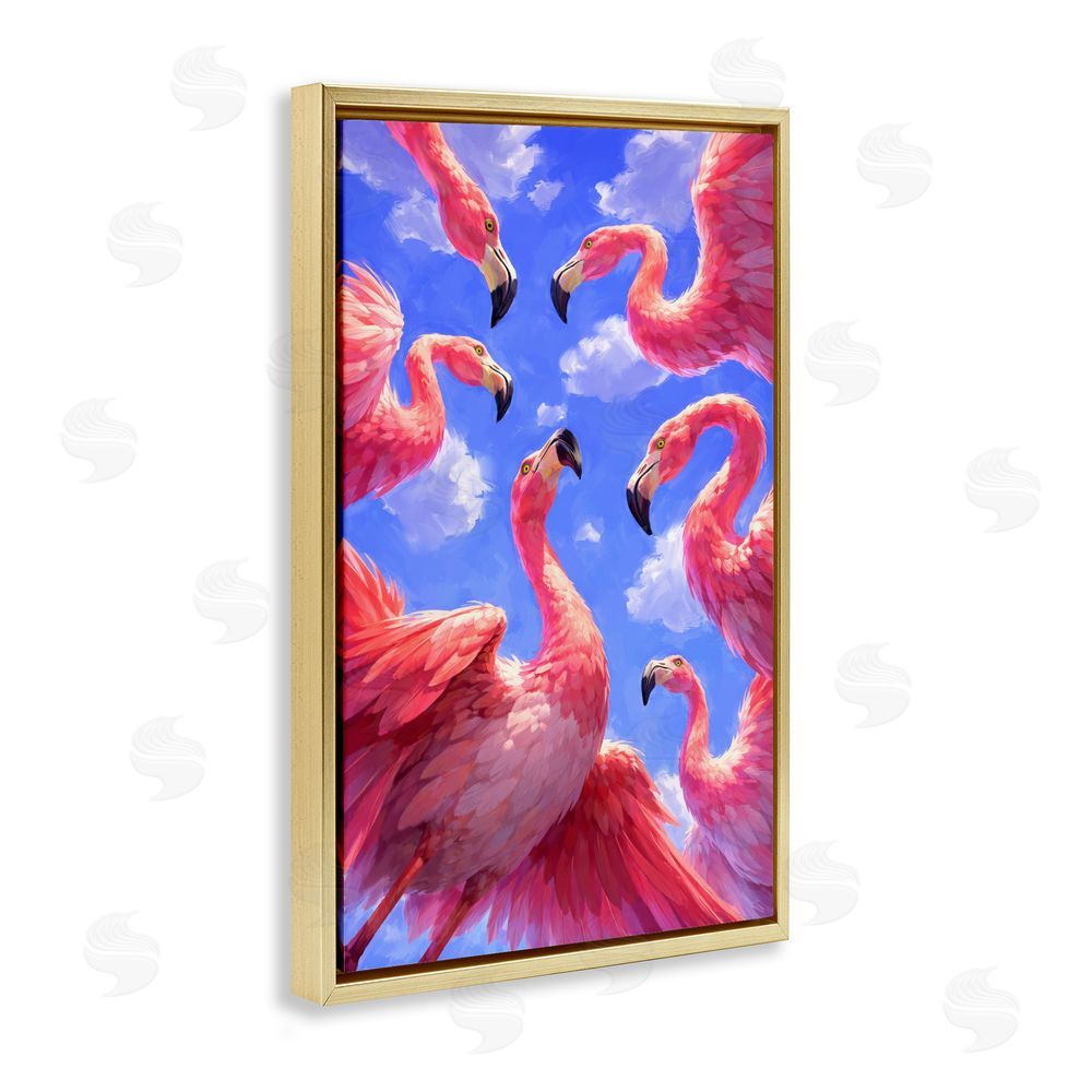Ziwei Li Tropical Flamingos View From Below Gold Floating Frame Canvas Wall Art Print