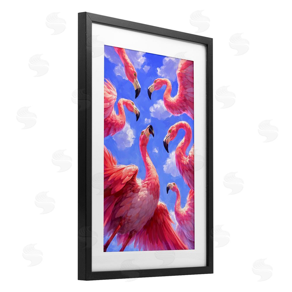 Ziwei Li Tropical Flamingos View From Below Black Framed Print Under Glass Wall Art