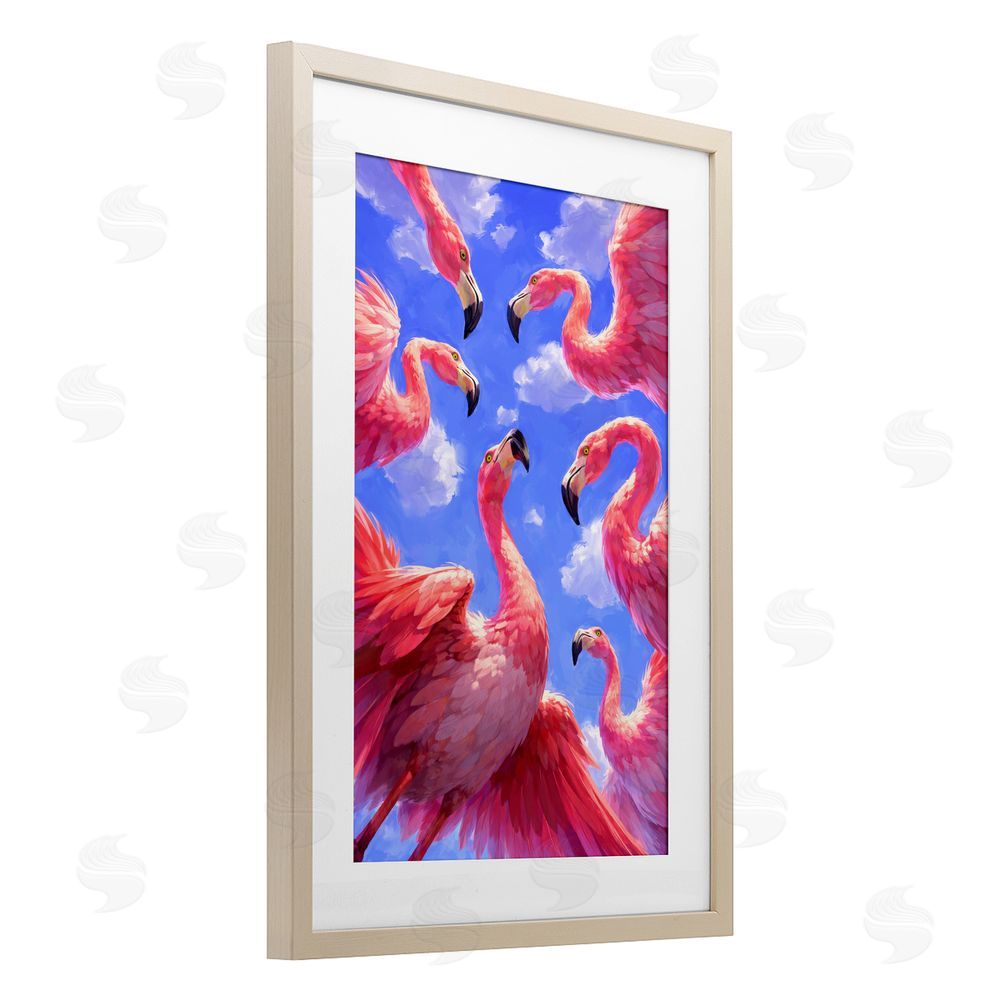Ziwei Li Tropical Flamingos View From Below Brown Framed Print Under Glass Wall Art