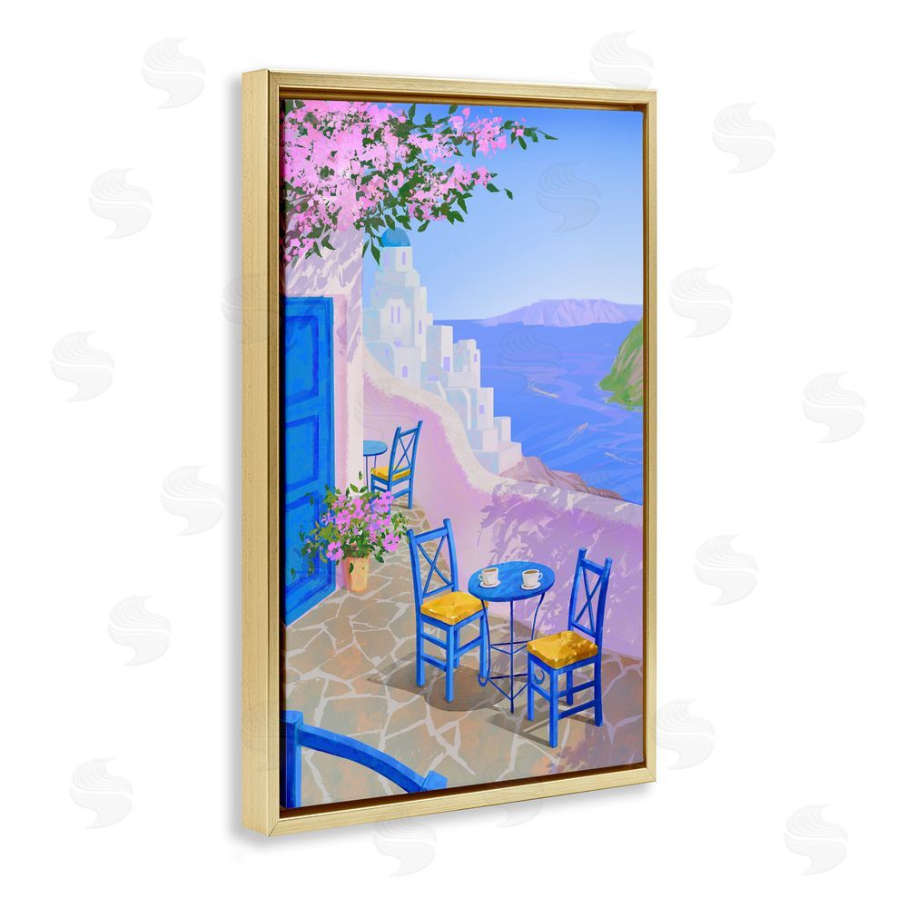 Ziwei Li Sunlit Ocean View Terrace Gold Floating Frame Canvas Wall Art Print