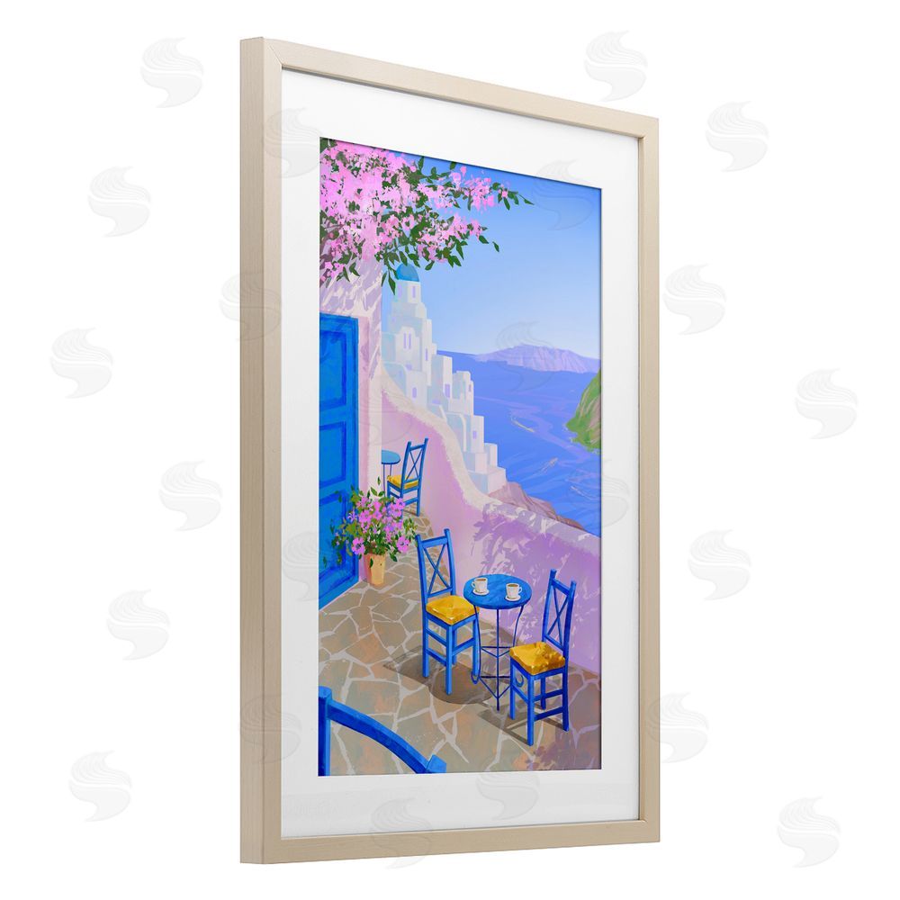 Ziwei Li Sunlit Ocean View Terrace Brown Framed Print Under Glass Wall Art