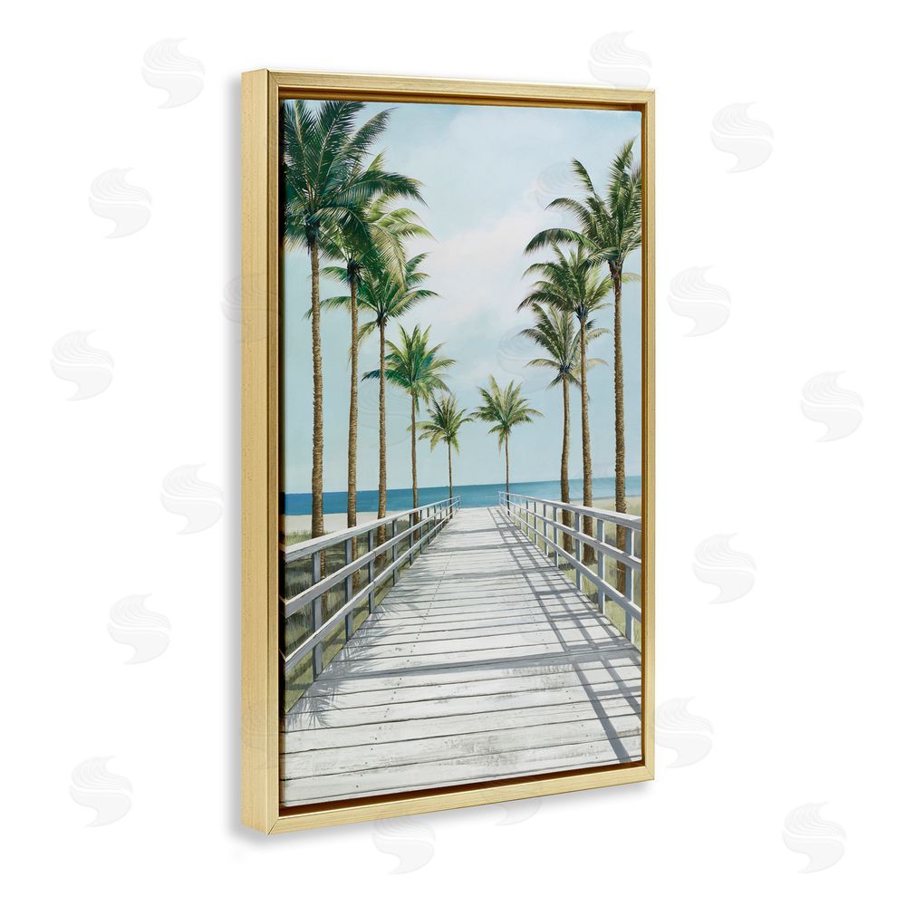 Lorenzo Collective Palm Lined Boardwalk To The Beach Gold Floating Frame Canvas Wall Art Print