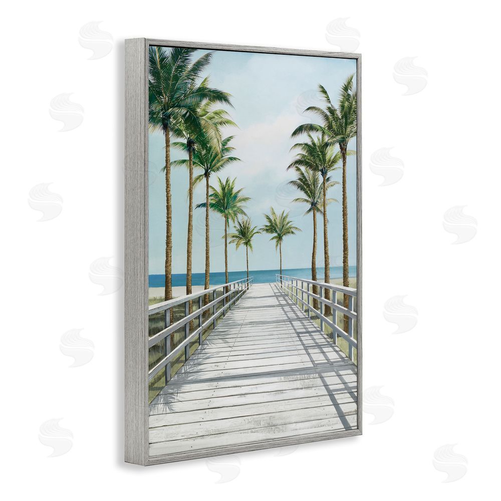 Lorenzo Collective Palm Lined Boardwalk To The Beach Gray Framed Giclee Wall Art Print