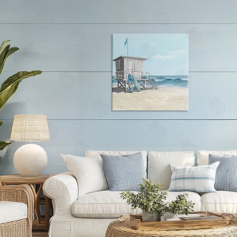Lorenzo Collective Lifeguard Stand with Blue Boards Stretched Canvas Wall Art in Room