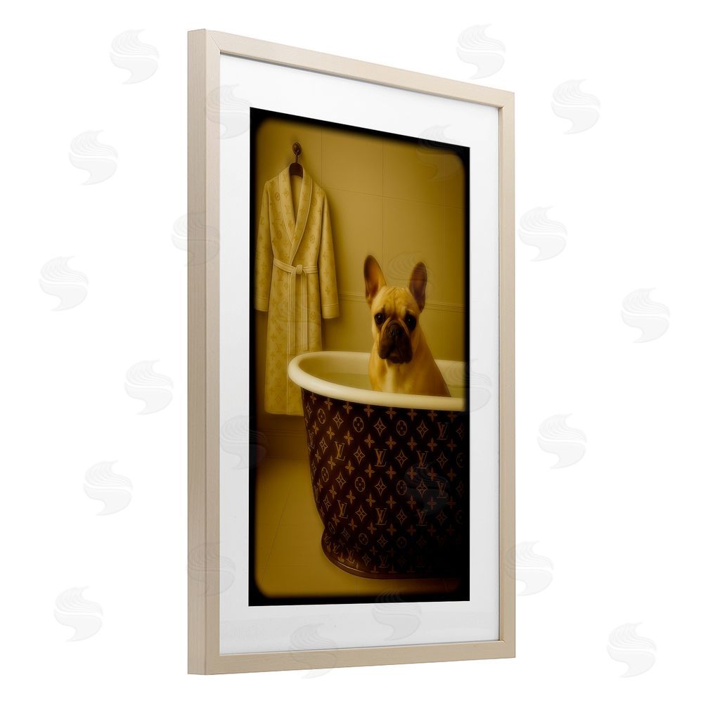 Grotto Studios Couture French Bulldog in Luxury Tub Brown Framed Print Under Glass Wall Art