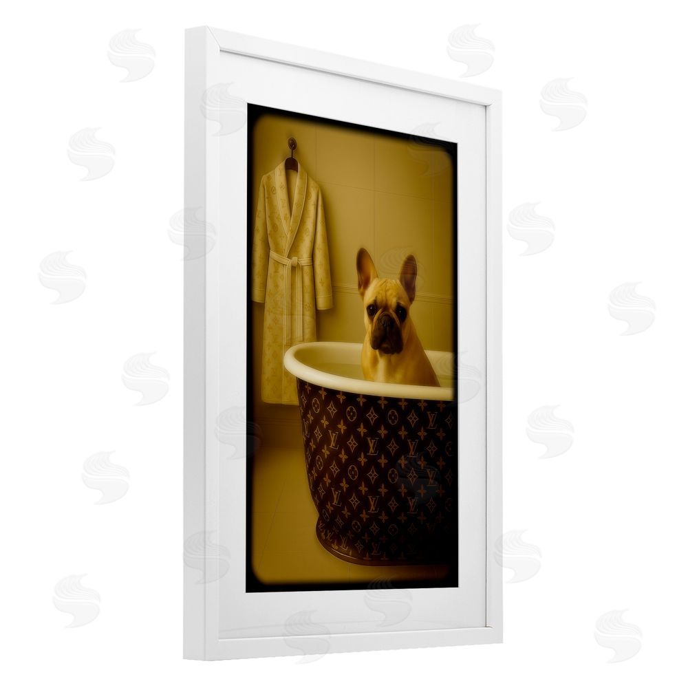 Grotto Studios Couture French Bulldog in Luxury Tub White Framed Print Under Glass Wall Art
