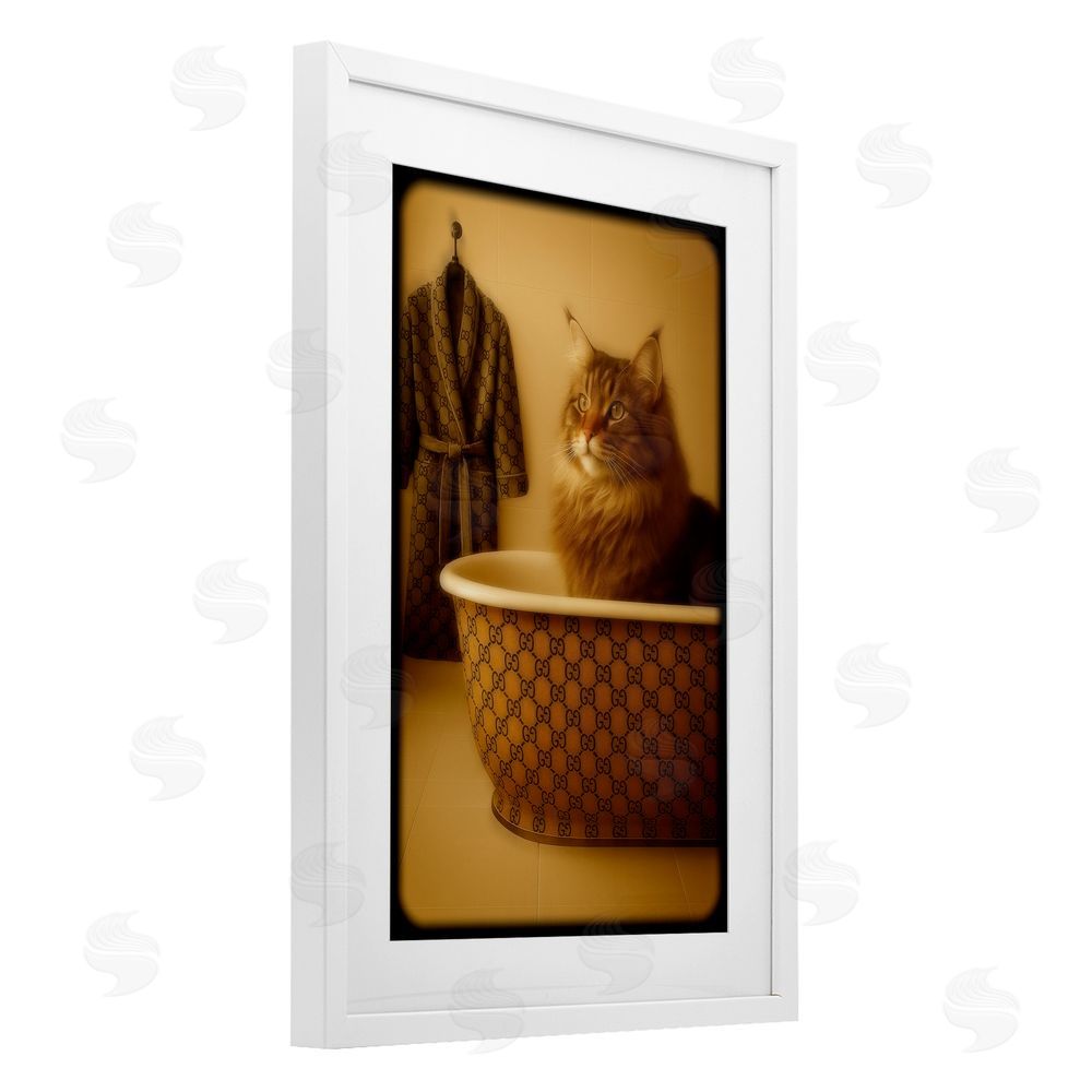 Grotto Studios Couture Main Coon in Luxury Tub White Framed Print Under Glass Wall Art