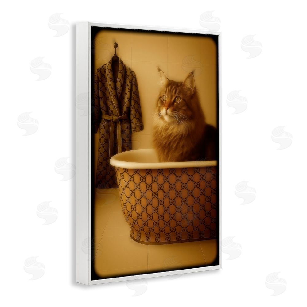 Grotto Studios Couture Main Coon in Luxury Tub White Framed Giclee Wall Art Print