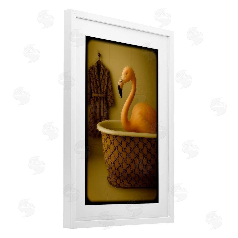 Grotto Studios Couture Flamingo in Luxury Tub White Framed Print Under Glass Wall Art