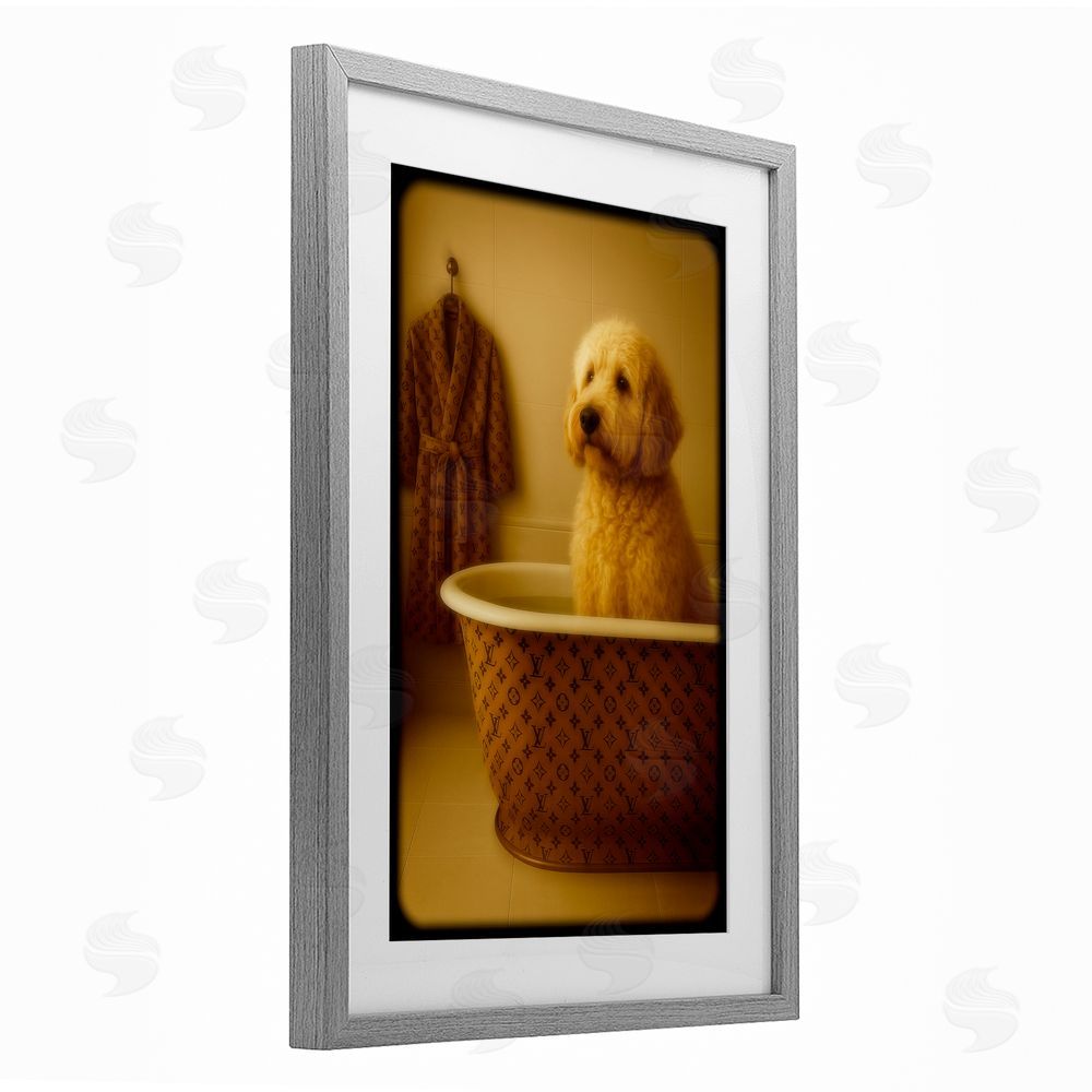 Grotto Studios Couture Dog in Luxury Tub Gray Framed Print Under Glass Wall Art