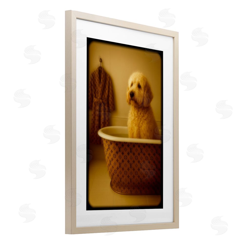 Grotto Studios Couture Dog in Luxury Tub Brown Framed Print Under Glass Wall Art