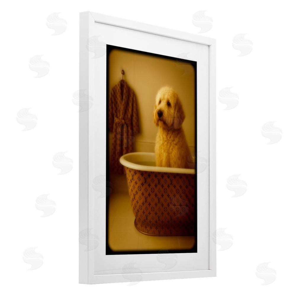 Grotto Studios Couture Dog in Luxury Tub White Framed Print Under Glass Wall Art