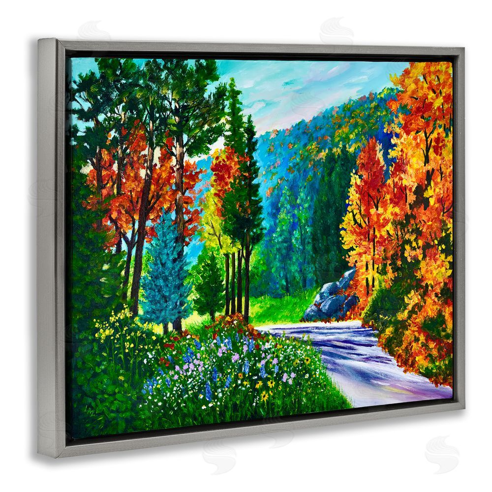 Lee Ann Zirbes Sunlit Autumn Woodland Pathway Gray Floating Framed Canvas Wall Art Print