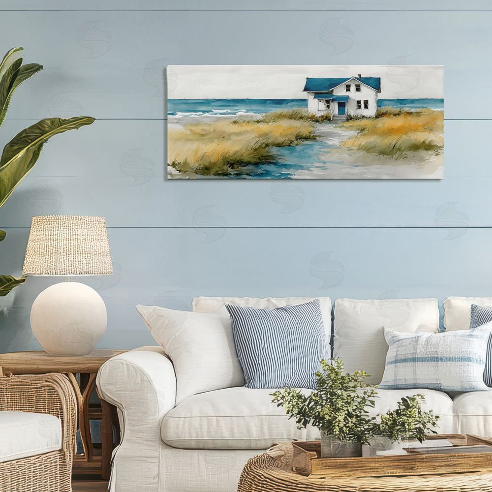 A Barefoot Stylist Blue Roof Cottage by the Sea Stretched Canvas Wall Art in Room