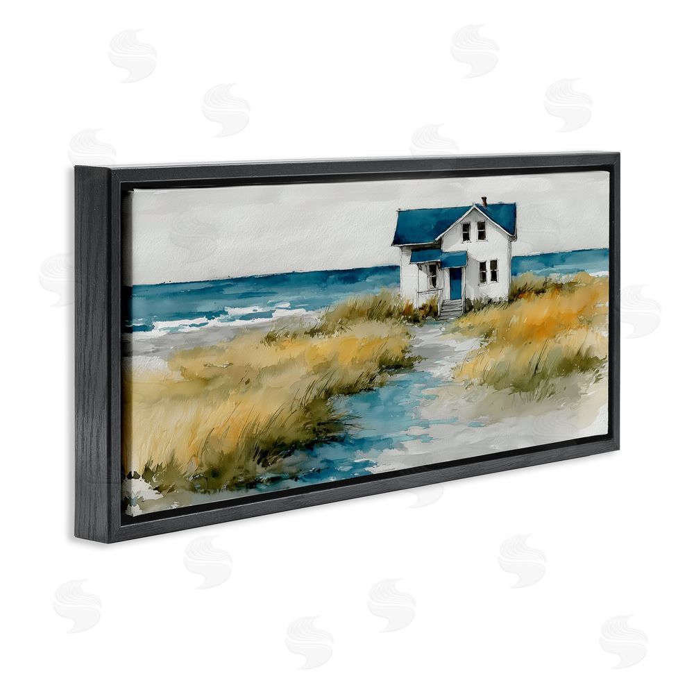 A Barefoot Stylist Blue Roof Cottage by the Sea Black Floating Frame Canvas Wall Art Print