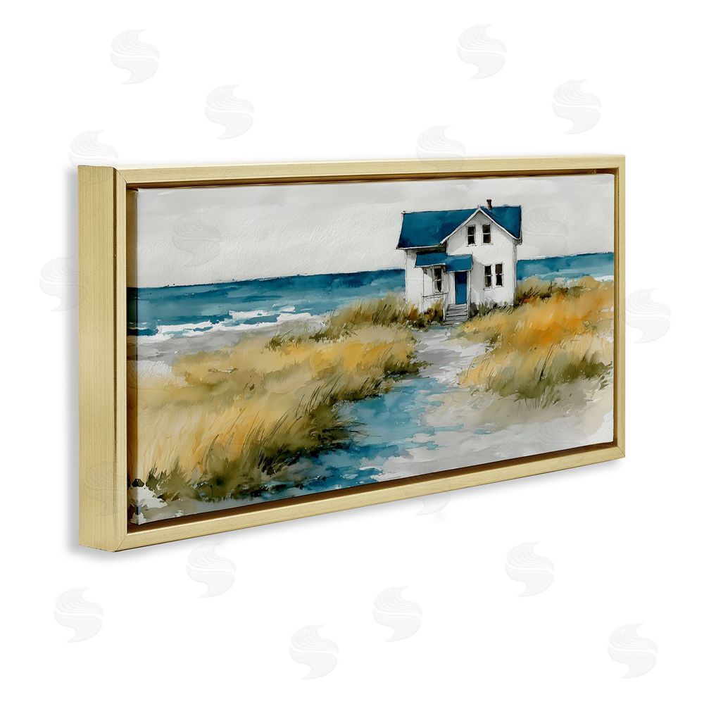 A Barefoot Stylist Blue Roof Cottage by the Sea Gold Floating Frame Canvas Wall Art Print