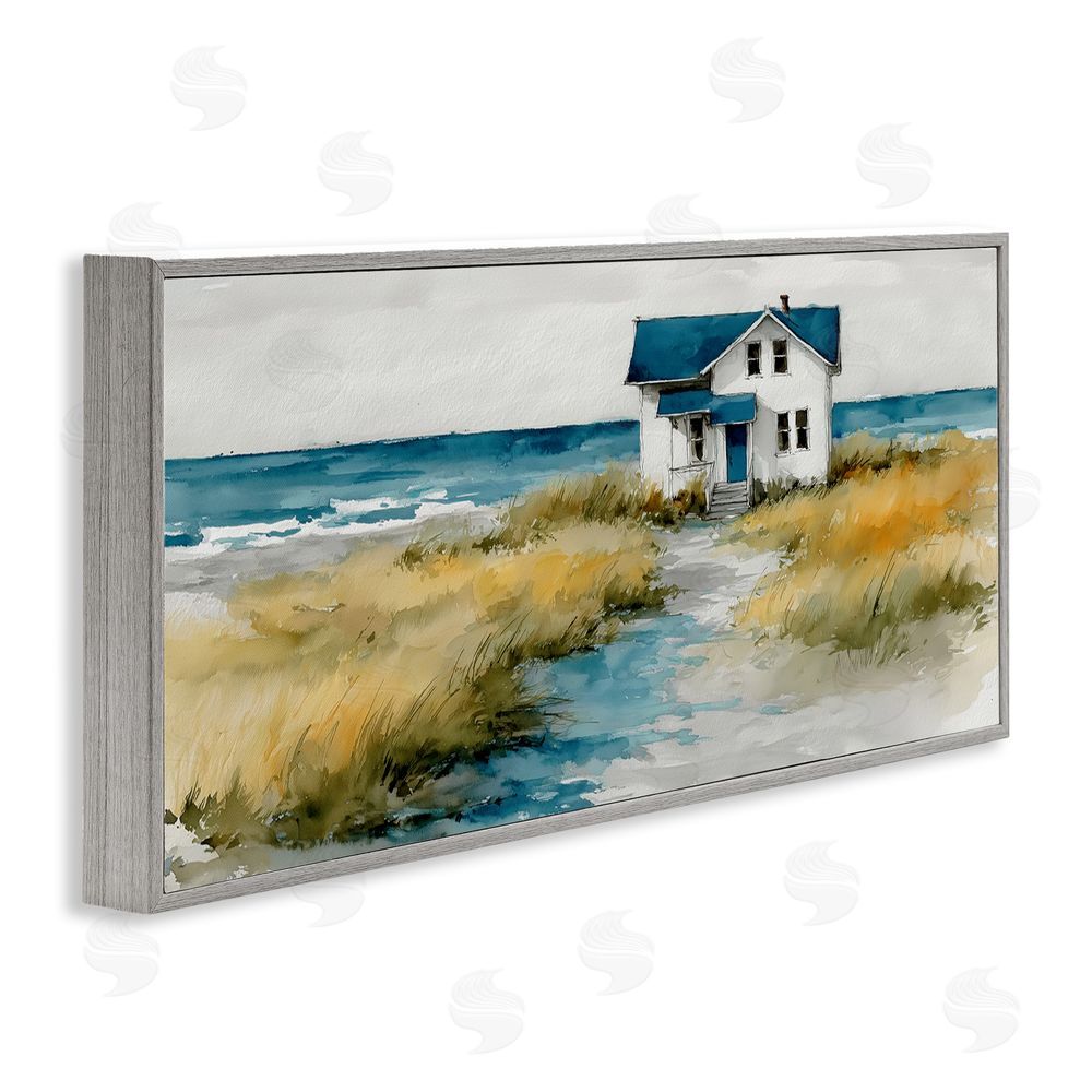 A Barefoot Stylist Blue Roof Cottage by the Sea Gray Framed Giclee Wall Art Print