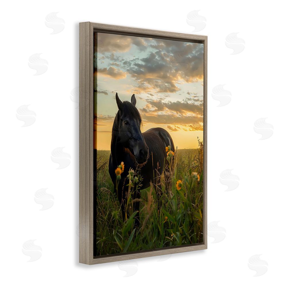 Creative Studio Standing In Field Of Flowers Brown Floating Framed Canvas Wall Art Print