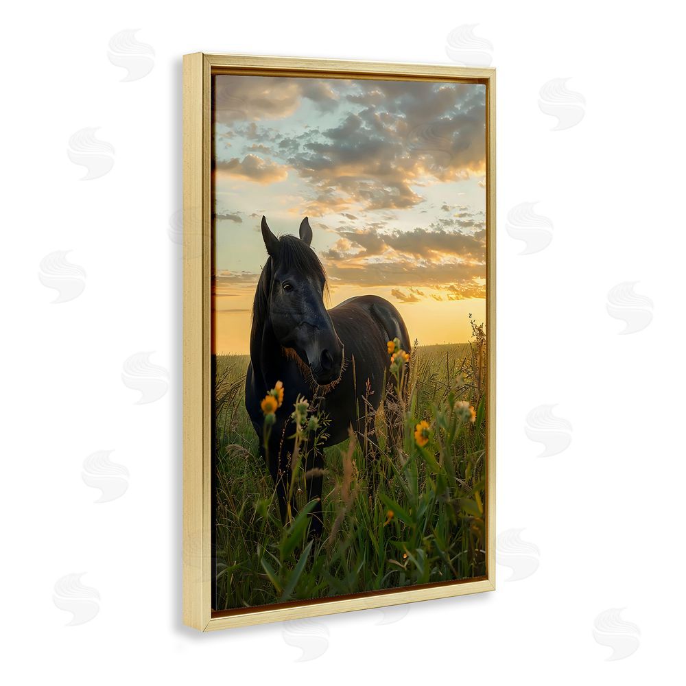Creative Studio Standing In Field Of Flowers Gold Floating Framed Canvas Wall Art Print