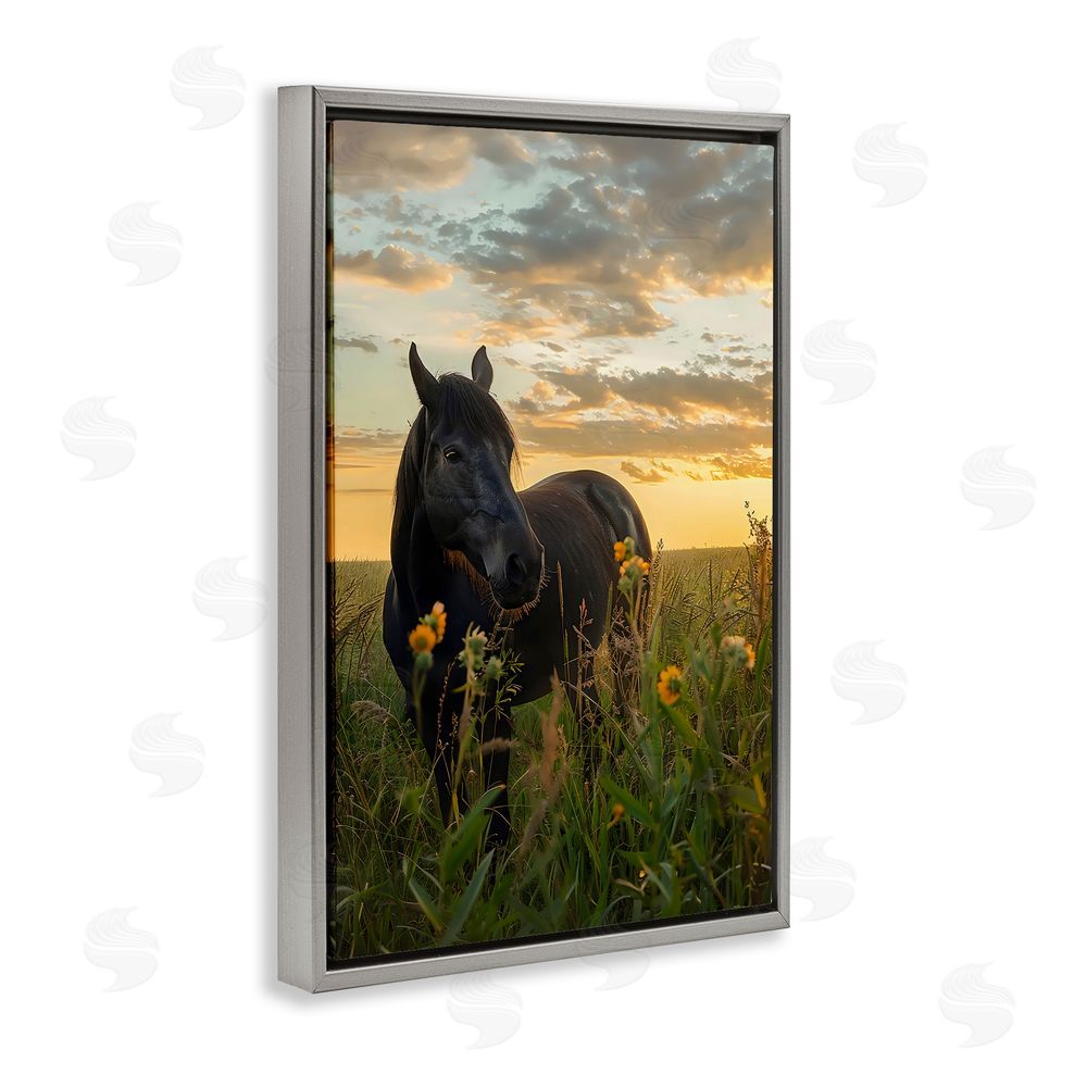 Creative Studio Standing In Field Of Flowers Gray Floating Framed Canvas Wall Art Print