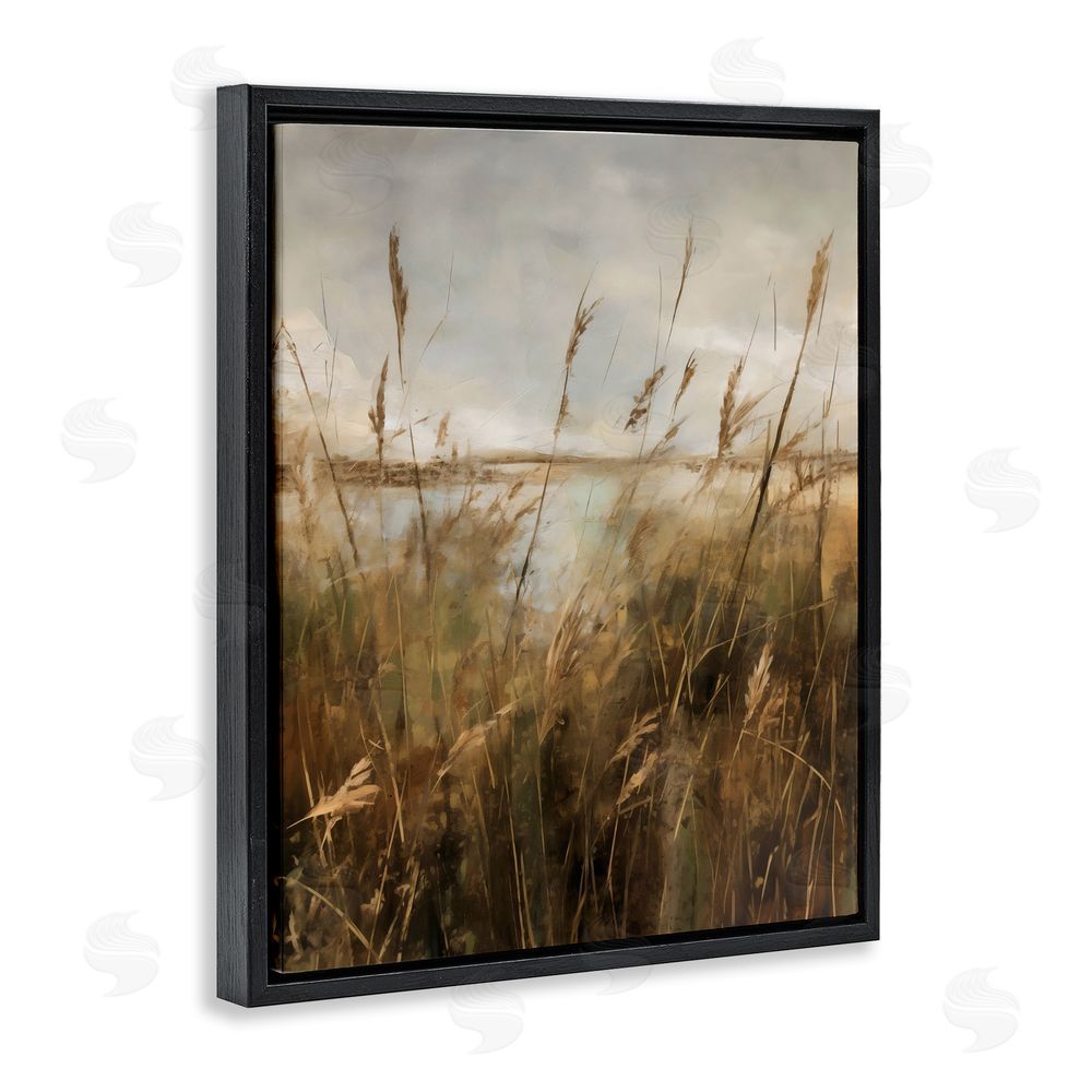 Creative Studio Tall Grass Beside Quiet Lake Black Floating Framed Canvas Wall Art Print