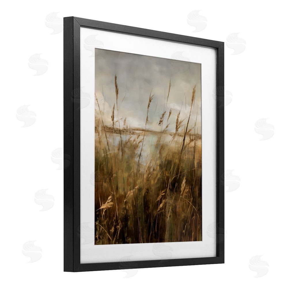 Creative Studio Tall Grass Beside Quiet Lake Black Framed Print Under Glass with White Mat Wall Art