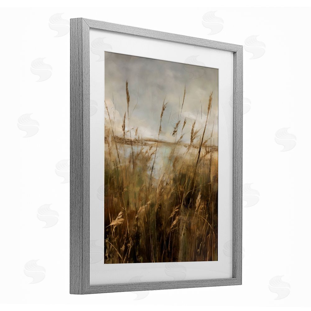 Creative Studio Tall Grass Beside Quiet Lake Gray Framed Print Under Glass with White Mat Wall Art
