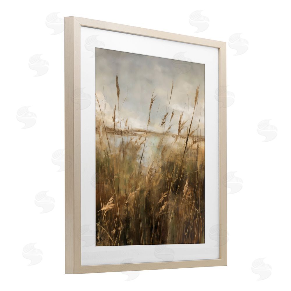 Creative Studio Tall Grass Beside Quiet Lake Brown Framed Print Under Glass with White Mat Wall Art