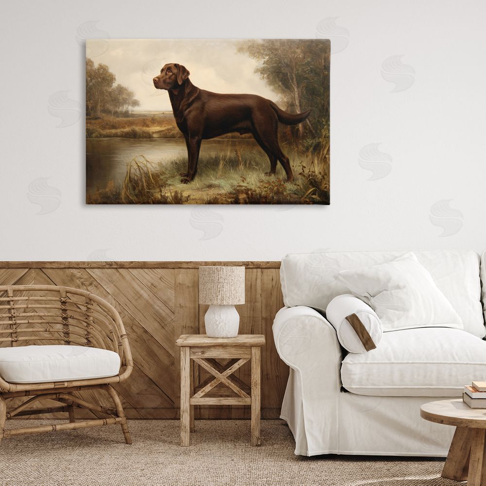 Petal Prints Design Brown Lab By The River Stretched Canvas Wall Art Print in Room