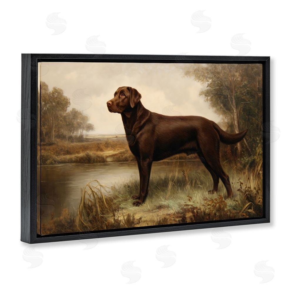Petal Prints Design Brown Lab By The River Black Floating Frame Stretched Canvas Wall Art Print