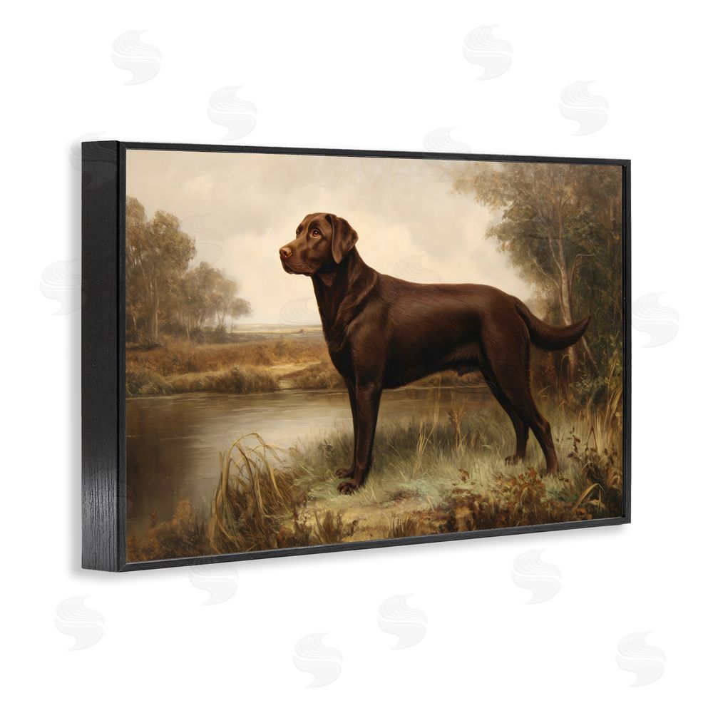Petal Prints Design Brown Lab By The River Black Framed Giclee Wall Art Print