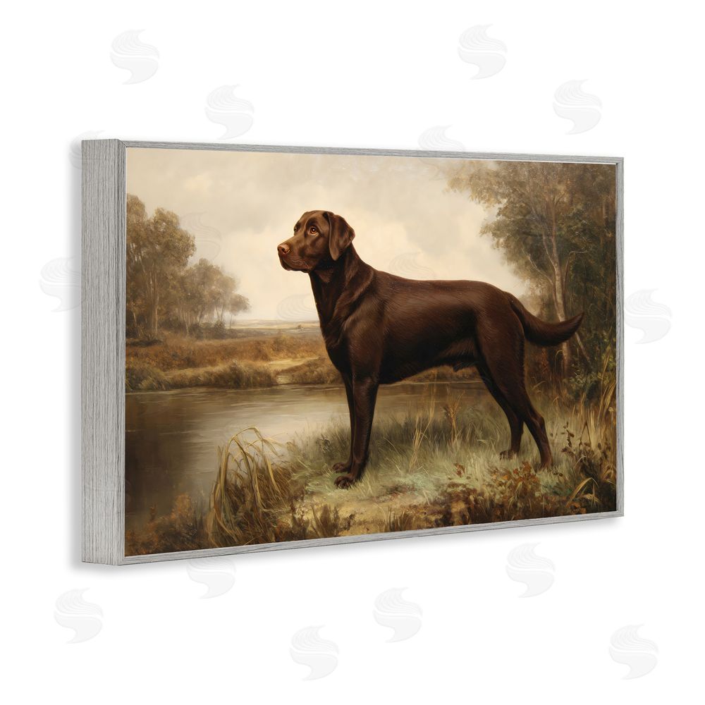 Petal Prints Design Brown Lab By The River Gray Framed Giclee Wall Art Print