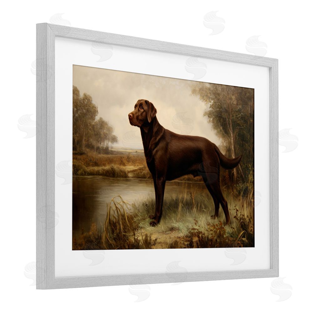 Petal Prints Design Brown Lab By The River Gray Framed Print Under Glass with Matting Wall Art