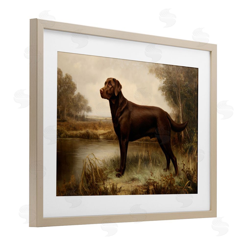 Petal Prints Design Brown Lab By The River Brown Framed Print Under Glass with Matting Wall Art