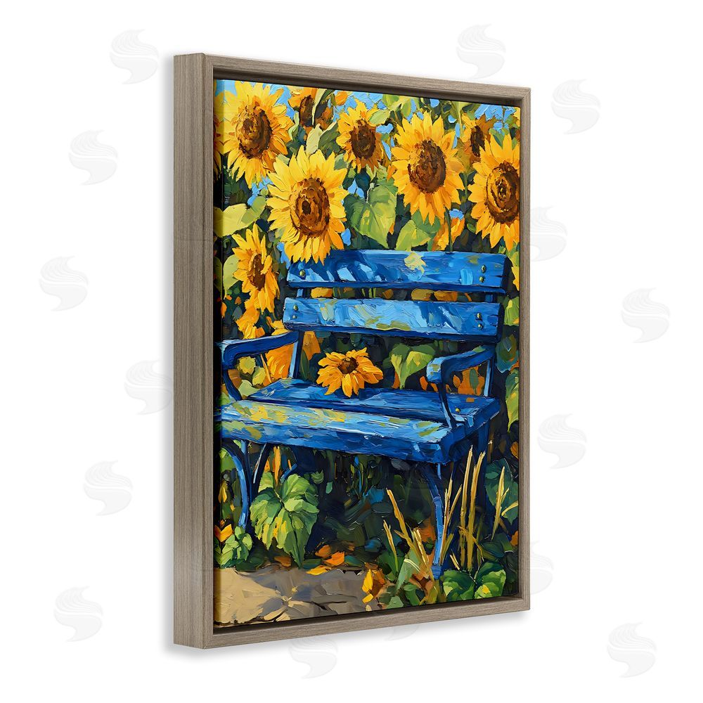 Creative Studio Bench in Sunflower Field Brown Floating Frame Stretched Canvas Wall Art Print